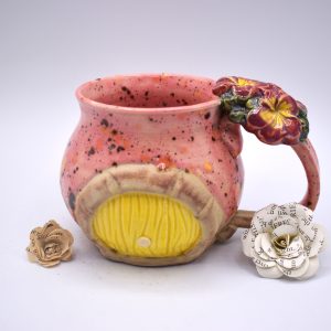 Coral confetti with yellow hobbit door mug and flowers 16 oz